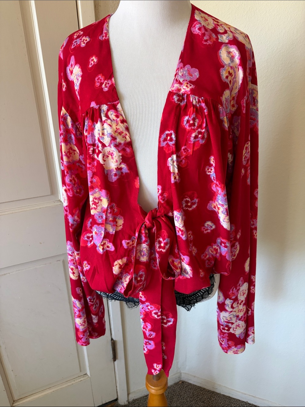 Free People Red Floral Tie-Front Bodysuit